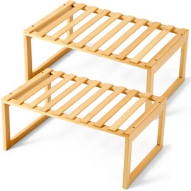 BrightRow 2 Pcs Kitchen Cabinet Organizer Bamboo Bookshelf Bamboo Kitchen Shelves, Cabinet Shelf Organizer, Storage Shelves for Pantry Bathroom Dining Room Study Laundry
