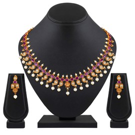 Aheli Elegant South Indian Wedding Wear Paisley Design Crafted Faux Stone Studded Necklace Set Ethnic Bollywood Fashion Temple Jewelry Gift for Women