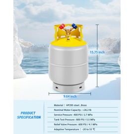 FAHKNS Refrigerant Recovery Tank 30 LB with 1/4 SAE Y-Valve Reusable Cylinder Tank Without Float Switch R12 R22, R134A, R410A etc Refrigerant Freon Recovery Tank Gray Yellow Gray Yellow