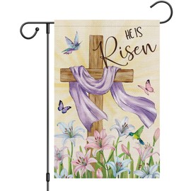 Heyfibro He is Risen Easter Wooden Cross Garden Flag 12x18 Double Sided Burlap, Lily Flower Hummingbird Butterfly Yard Banner for Holiday Farmhouse Jesus Religious Outdoor Decor(ONLY FLAG)
