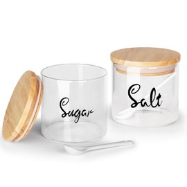 Clear Glass Sugar and Salt Bowl with Serving Spoon Wooden Lid and Silicone Sealing, Farmhouse Container Jar Dispenser Holder for Home Kitchen,12 oz