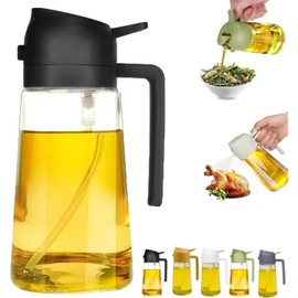 2-in-1 Oil Sprayer and Dispenser for Cooking–16oz/470ml premium glass Spray Bottle for Olive Oil, Vinegar, Cooking Oil–Perfect for BBQ, Salad, Air Fryer, Baking & easy to use kitchen tool (Black)