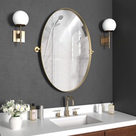NXHOME Gold Pivot Oval Bathroom Vanity Mirrror 24 x 36 Inch Tilting Metal Frame Mirror, Farmhouse Adjustable Tilt Rounded Corner Oval Vanity Mirror, Easy to Install