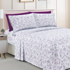 Elegant Comfort Amelia Paisley Printed 6-Piece Sheet Set, Deep Pocket 1500 Premium Hotel Quality, Fade and Wrinkle Resistant, Fitted Sheets with Smart Pockets, Paisley Sheet Set, Queen, Purple