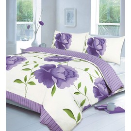 Voice7 Luxury Rosaleen Lilac Duvet Set - Includes Duvet Quilt Cover And One Matching Pillow Case - Flowers on Poly Cotton Bed Set (Lilac Single Size Set)