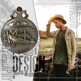 JewelryWe Father's Day Gift Pocket Watch Men's Retro Airplane/Owl/Indian Old Man/Cross Chain Watch Analogue Quartz Watch Pendant with Necklace Chain Bronze Gift for Men, bronze plane, Festive