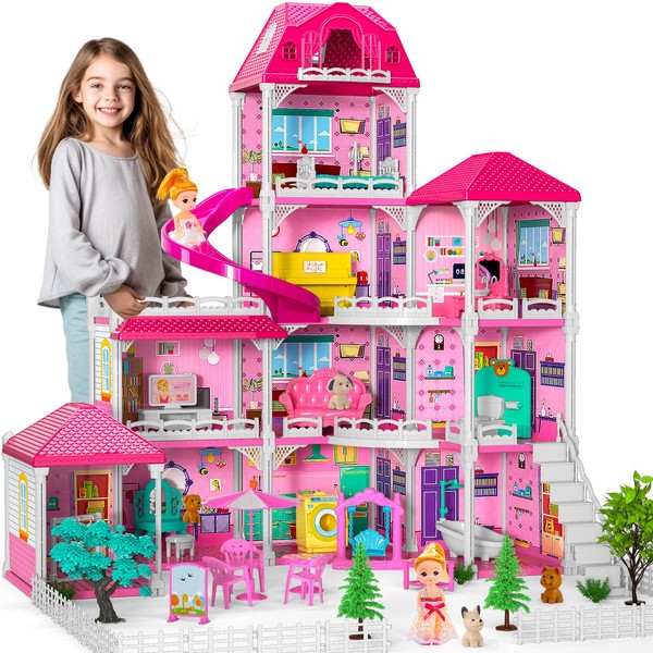 Doll House for Girls Toys, 4 Stories 10 Rooms Pink Dollhouse with 2 Princesses Slide Accessories, Playset for Toddler Playhouse Gift for for 3 4 5 6 7 8+ Year Old Girls Toys