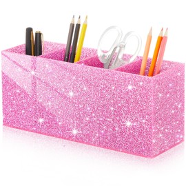 Jetec Glitter Pink Pencil Holder Acrylic Bling Pen Storage for Women Girls 4 Slots Sparkle Makeup Brush Holder Cosmetic Brush Storage Box for Desk Accessory Office Dorm Bathroom Kitchen Supplies