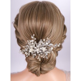 Rumtock Silver Flower Pearl Beads Hair Comb with Rhinestones Beads Wedding Bridal Bridesmaid Handmade Hair Accessories (Silver)