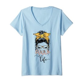 Womens Doula Life Messy Bun Bandana Leopard Midwifery Midwife V-Neck T-Shirt