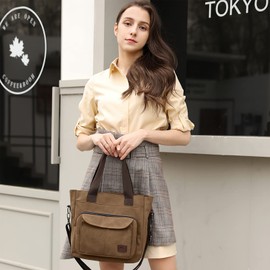 DIRRONA Canvas Women Handbag Casual Crossbody Bag Travel Shoulder Bags Large Tote Handbag Bag Work Shopping Multiple Pockets Handbag Womens Brown