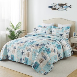 HoneiLife King Size Quilt Sets - 3 Pieces Coastal Bedspreads Beach Coverlets Ocean Bed Cover King Quilt Bedding Set Summer Quilts