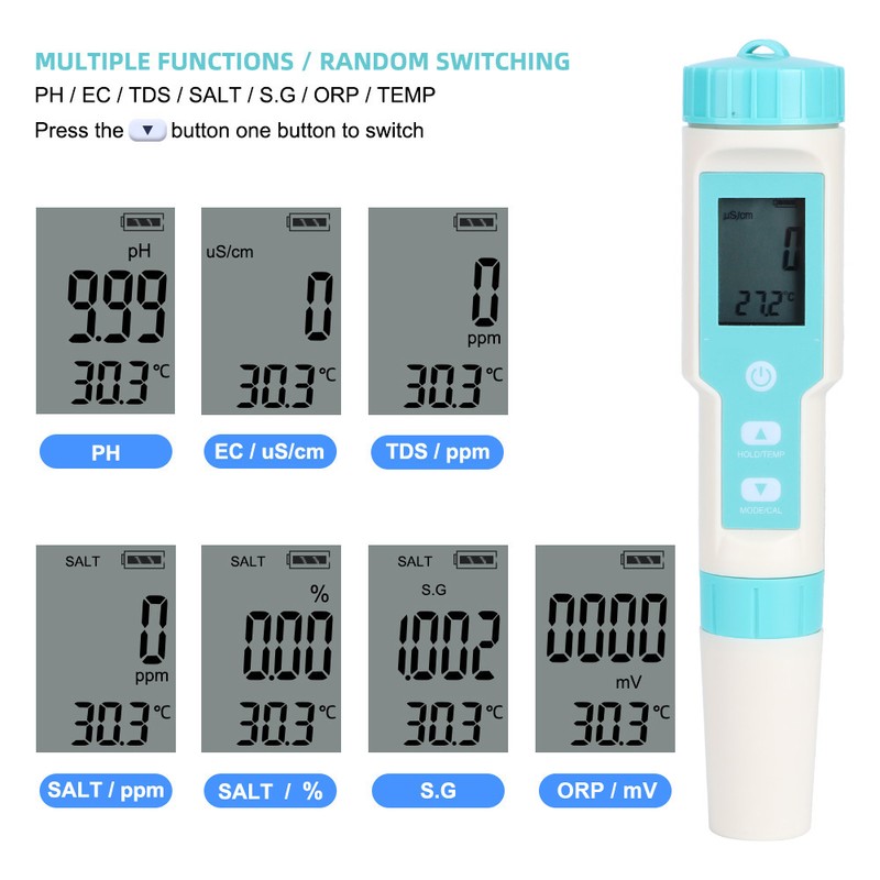Waterproof Electronic Salinity PH TDS EC ORP Tester Hydrometer Water