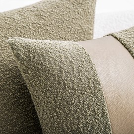 SINYASAN 22"x22" Moss Green Boucle Pillow Covers with Faux Leather Accents Set of 2 Fluffy Textured Decorative Throw Pillow Cases for Couch Bed Boho Farmhouse Square Cushion Covers for Home Décor