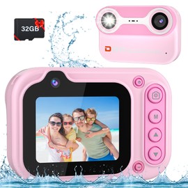 1080P Kids Waterproof Camera - 10FT Underwater Camera Birthday Gifts for Girls Boys Children Digital Action Camera with 32GB SD Card, Pool Toys for Kids Age 4 5 6 7 8 9 10 - Pink