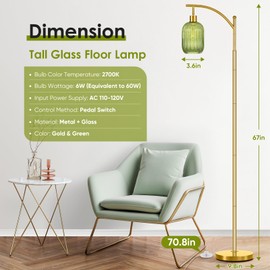 gernehop Glass Floor Lamp for Living Room, Modern Green Standing Lamp with Ribbed Glass Lampshade Foot Switch, 67” Tall Lamp for Bedroom Study Room