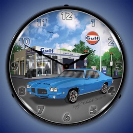1971 Pontiac GTO at Gulf Station LED Wall Clock, Retro/Vintage, Lighted, 14 inch