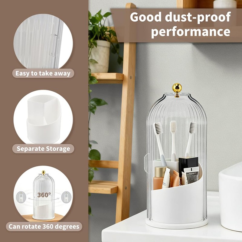 Rotating Toothbrush Holder with Sliding Dustproof Cover, 3-Slot Countertop Bathroom