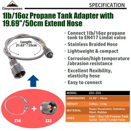 CAMPINGMOON Camping Gas Stove Adapter with Extent Hose, Inlet: 16oz/1Lb Small Propane Tank, Outlet: EN417 Lindal Valve Z22/Z16