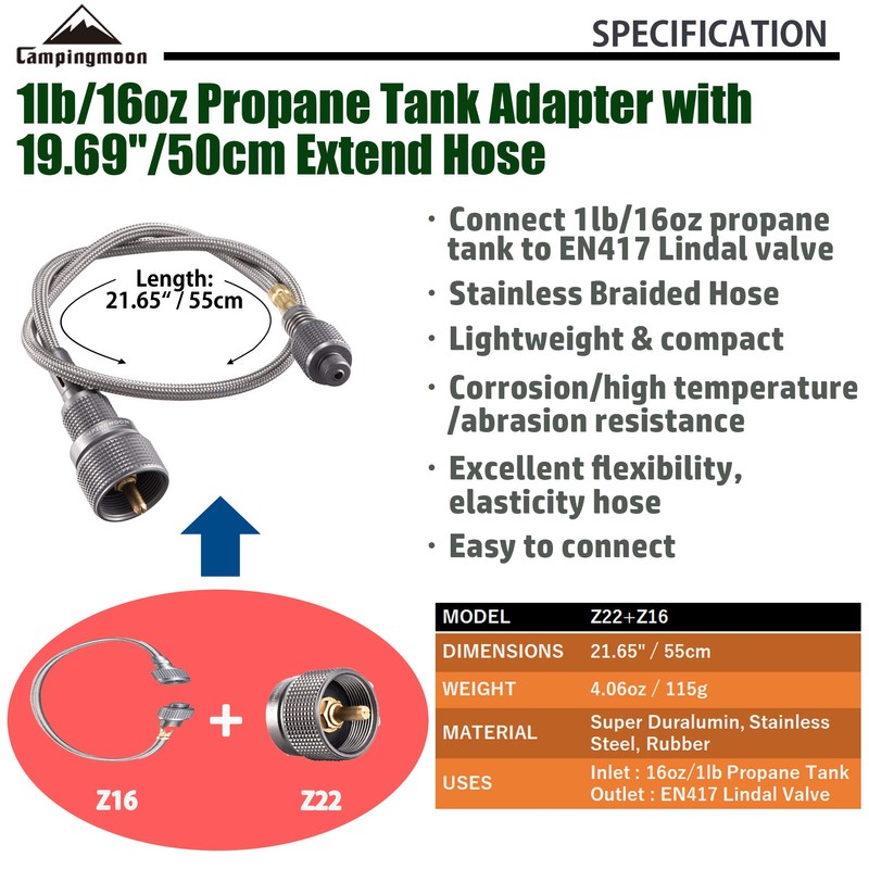 CAMPINGMOON Camping Gas Stove Adapter with Extent Hose, Inlet: 16oz/1Lb