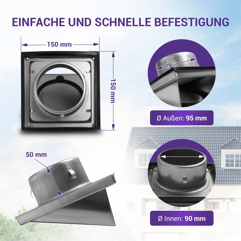 Vioks.pro Ventilation Grille 150 mm Stainless Steel with Backflow Flap