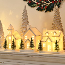 AOMOONOA Ceramic White Christmas Village Houses, 3Pcs Light Up Small Porcelai...