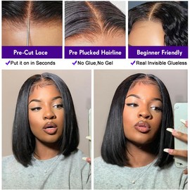 Real Hair Wig, 4x4 HD Lace Front Wig, Human Hair, Pre-Plucked, Straight Wear and Go Glueless Wigs, Human Hair Wigs for Black Women, Natural Black Colour, Wigs, Real Hair, No Glue, 14 Inches (