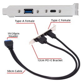 cablecc 5Gbps 19/20Pin USB3.0 Motherboard to Dual Ports USB 3.0 & USB-C Type-C Female PCI-E Back Panel Cable 50cm