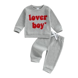 Nibbcoa Toddler Baby Boy Valentines Outfit Love Embroidery Waffle Knit Sweatshirt Pants Set Cute Spring Fall Clothes (Gray, 18-24 Months)