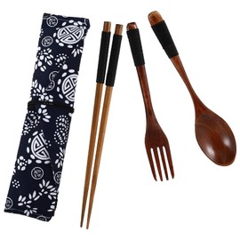 DOITOOL Wood Flatware Sets 1Set Japanese Style Spoons Wooden Forks Wooden Chopsticks Bag Wood Cutlery Set Wooden Tableware Travel Utensils with Case