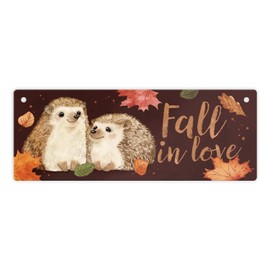 Hedgehog in Autumn Metal Sign with Saying Fall in Love A Cute Aluminium Sign for Autumn Mood Cute Hedgehog Couple