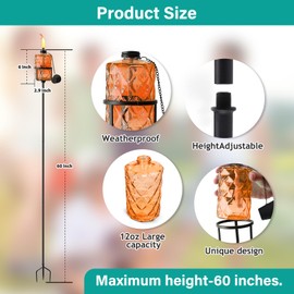 4 Pack Colorful Glass Garden Torch ,60-Inch Outdoor Torch Garden Décor, Upgraded 12 oz Citronella Torches with 3-Prong Grounded Stake,Metal Light Torches for Party Patio Pathway