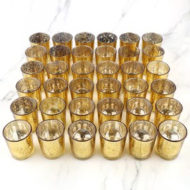 BTGLLAS Gold Mercury Glass Tea Light Holders Set of 36 - Elegant Votive Candle Holders for Weddings, Showers and Home Decor - Perfect for Table Centerpieces and Parties (Glass, Gold)
