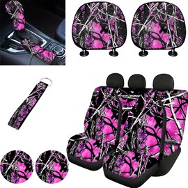 FKELYI Pink Camo Car Seat Covers Full Set with Hand Wristlet Keychain Holder,Camouflage Cup Coasters,Auto Gear Shift Cover,Handbrake Cover,Headrest Covers,Universal Fit Most Vehicle SUV Truck Van