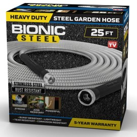BIONIC STEEL Bionic Steel 25 FT Garden Hose with Nozzle, 304 Stainless Steel Metal Water Hose 25Ft, Flexible Hose, Kink Free, Lightweight and Durable, Crush Resistant Fitting, Easy to Coil, 500 PSI - 2024 Model