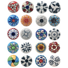 Ajuny Multicolor Ceramic Knobs for Dresser Drawers Kitchen Cabinets Bathroom and Furniture Hand Painted Antique Floral Cupboard Pull Knob (Round, Pack of 20)