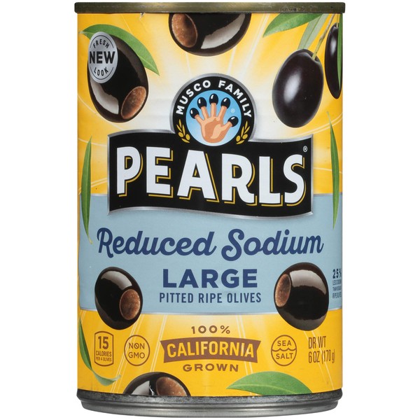 PEARLS, Reduced-Sodium Ripe Black, Pitted Large Olives, 72 Ounce, 12 Count