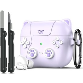 RFUNGUANGO for AirPods 3rd Generation Case Cover with Keychain,Game Player Design for Kids Teenager Women and Men, Soft Silicone Case for AirPods Gen 3 Charging Case-Cat Ear Purple