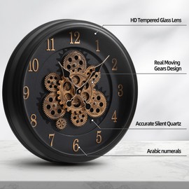 Maxstar Large Moving Gear Wall Clock,16" Vintage Mechanical Battery Operated Industrial Wall Clocks for Farmhouse Living Room,Home Office, Dinning Room, Kitchen, Steampunk Decor-Black,Arab Numeral
