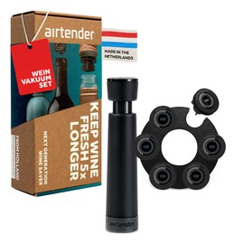 Airtender Vacuum Wine Pump Set with 6 Wine Stoppers - High Quality Vacuum Stoppers for Longer Freshness and Aroma, Dishwasher Safe and Reusable, Ideal for Wine Lovers