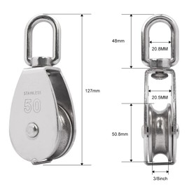 AOKOLL M50 Single Pulley Snatch Block Lifting Crane Heavy Duty Swivel Hook 304 Stainless Steel, 3/8" Rope x 2" Sheave, 800 lbs Load (M50-2PCS)