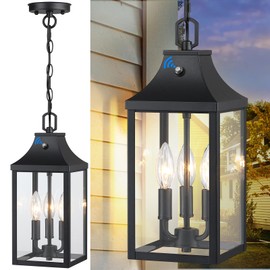MYHXQ 15'' Large Outdoor Pendant Light Fixtures 3-Light, Dusk to Dawn Exterior Hanging Lantern Porch Light Adjustable, Black Hanging Lamp Farmhouse Exterior Chandelier Ceiling Mount for Patio, 1Pack