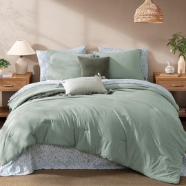 Monbix Queen Comforter Set - 7 Pieces Sage Green Prewashed Bed in a Bag Queen Bedding Sets with Comforters, All Seasons Down Alternative Comforter Bed Set with Sheets,Pillowcases & Shams
