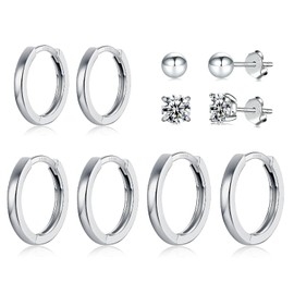 5 Pairs of 925 Silver Earrings Set for Girls, Hypoallergenic Earrings, Silver Stud Earrings Hoop Set with Zirconia, Stud Earrings Silver 925 for Women Men 3/4/9/11/14 mm, Cubic Zirconia, Cubic