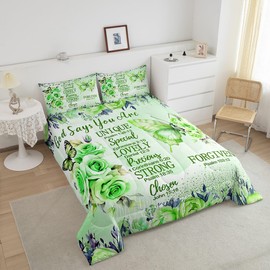 Erosebridal Mint Green Butterfly Queen Bedding Sets Boho Girly Turquoise Floral Comforter for Girls Kids Women Inspirational Quotes Duvet Insert Bible Verse Colorful Bohemian Rose Flower Bed Sets