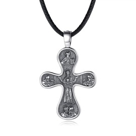 EUDORA Cross Necklace for Women and Man 925 Sterling Silver Cross Pendant Religious Vintage Cross Necklaces, Holy Cross Jewelry Original Gifts For Women Man Christian, Black Rope 24 "