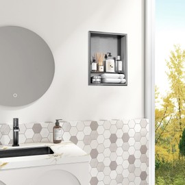 Arausk Stainless Steel Shower Niche 14" X 18" Matte Black No Tile Needed Recessed Niche Shower Shelf Wall Niche for Bathroom Storage Over Mount Installation