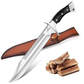 TAN REN Survival Knife Machete for Cutting Trees Heavy Duty with Leather Sheath, Outdoor Bushcraft Knife with Wood Handle, Camping Machete Knives for Men, Black