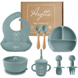 Asytta Silicone Baby Feeding Set-Baby Led Weaning with Food Grade Supplies for Toddlers-Suction Plate with Divider-Suction Bowl-Adjustable Silicone Bib Eating Utensils-Training Sippy Cup (Blue)