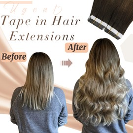 Ugeat Real Hair Tapes Extensions with Tape 4/6/613 Dark Brown with Medium Brown to Bleach Blonde Balayage Extensions Tape Real Hair Extension Tape 50 g / 20 Pieces 40 cm